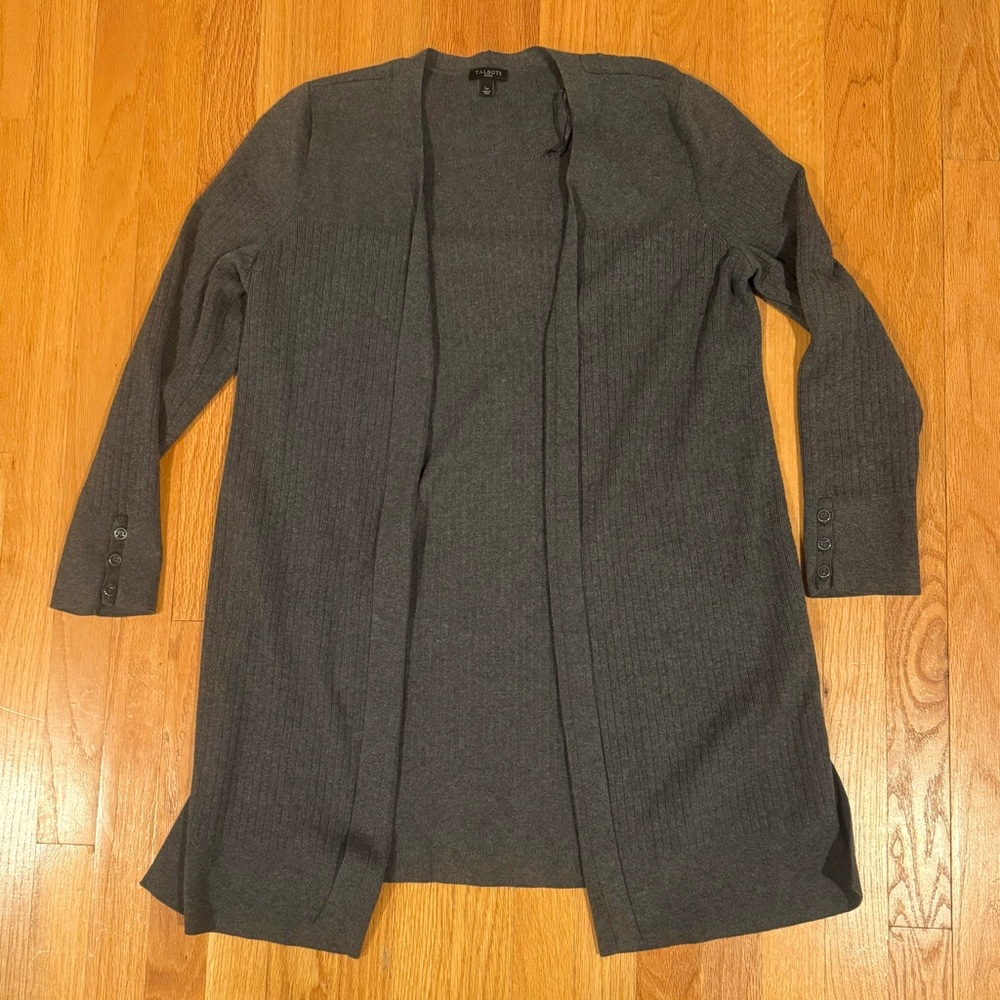 Talbots Dark Charcoal Ribbed Open-Front Long Cardigan